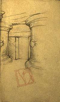 Sketch drawing in a book of an internal room with large round wooden pillars with beetles adorning them
