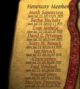 Honorary Members of the Guild of Writers: Mark Saperstein, Beckie Huckaby, Evan Makela, David G Peterson, Scott H. Novack, Ian Novack, 'Christopher', Paul Vondrak, Warren Jones, Heather Browning